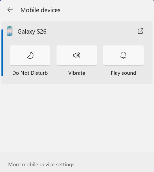 Windows 11 Mobile devices panel showing Android Do Not Disturb, Vibrate and Play sound controls.