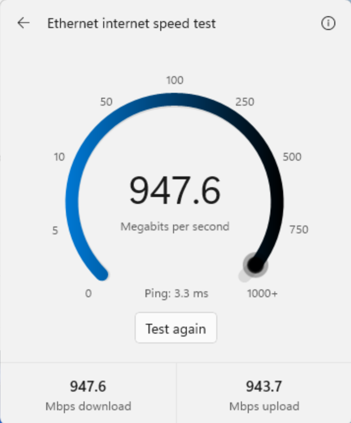 Windows 11 preview internet speed test results showing download, upload and ping.