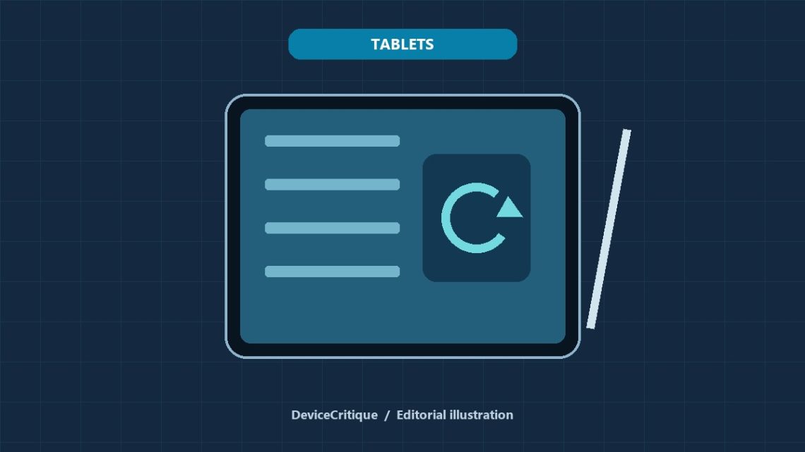 Original DeviceCritique illustration of a tablet, stylus and software-update symbol; not a product photograph.